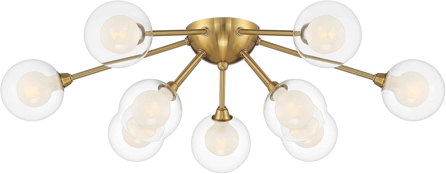 Possini Euro Design Spheres Modern Ceiling Light Flush Mount Fixture 28" Wide Warm Brass 9-Light LED Clear Globe Glass for Bedroom Kitchen Living Room