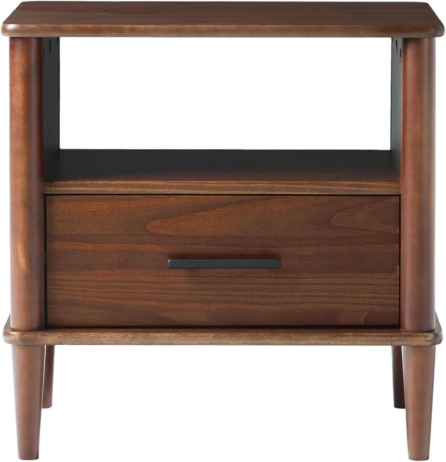 Walnut Solid Pine 1-Drawer Nightstand with Open Cubby