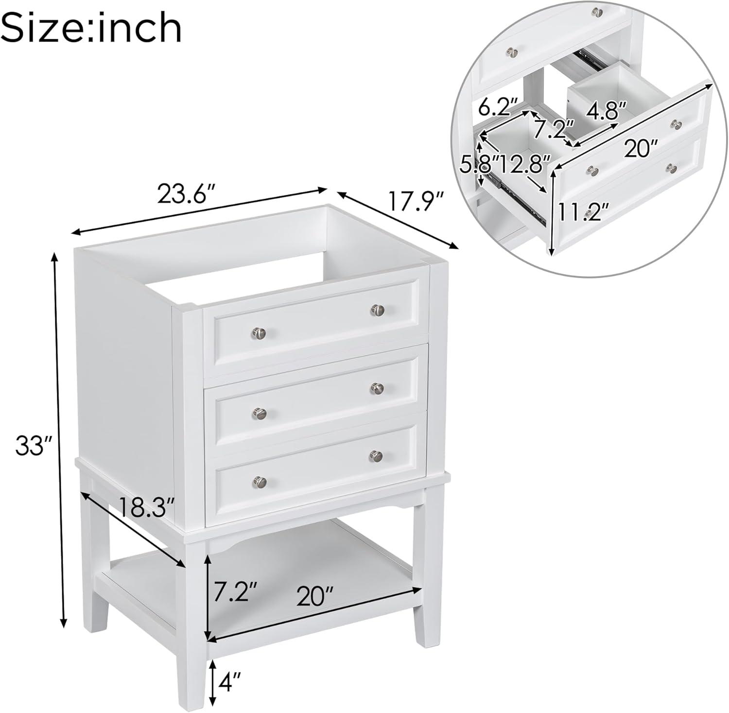 White Solid Wood 24'' Bathroom Vanity Base with Drawer and Shelf