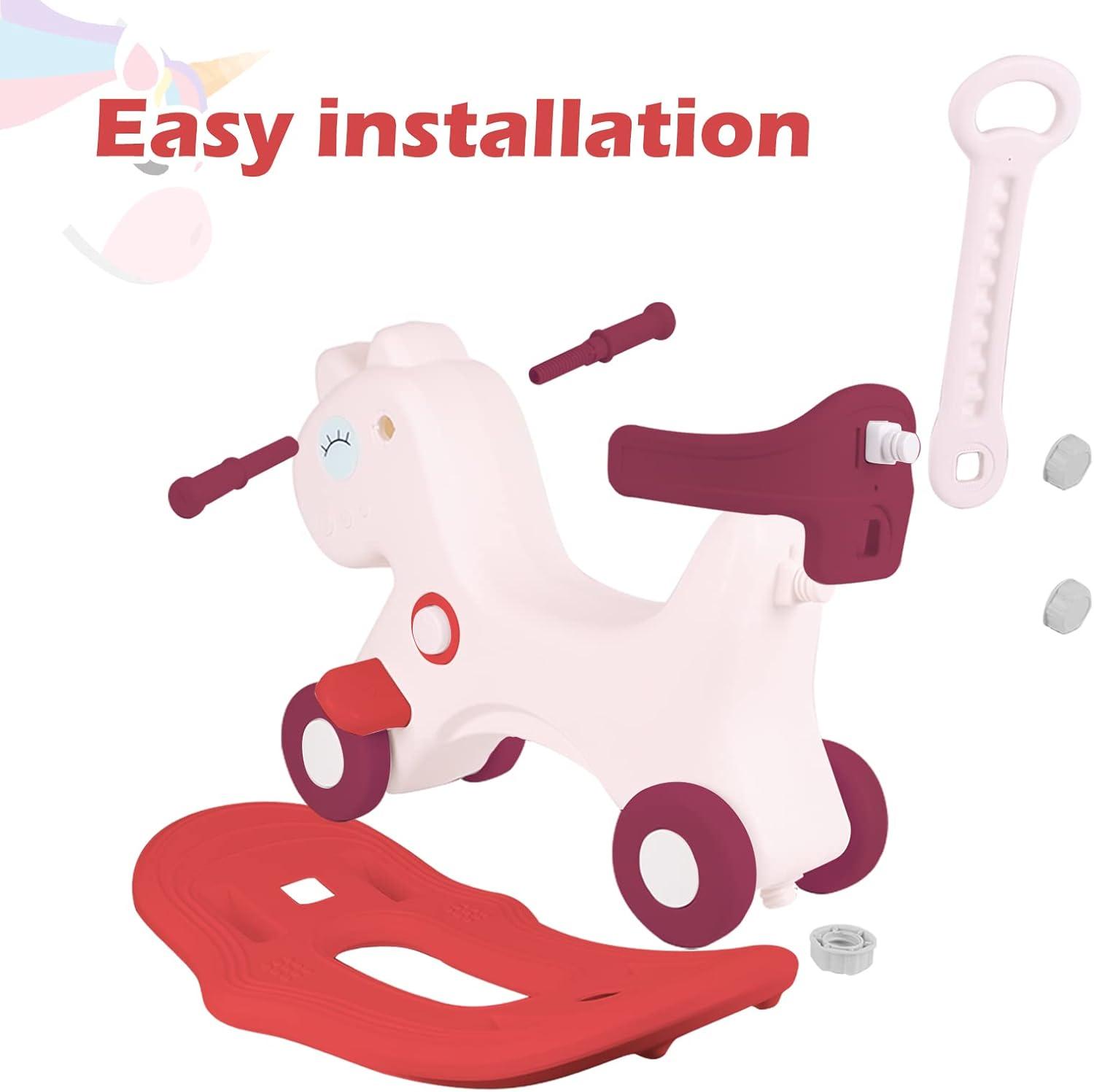 4 in 1 Rocking Horse for Toddlers 1-3 Years Old, Baby Rocking Toy Fun Birthday Gift for 1+ Girls, Ride on Toy with Detachable Balance Board and Footrest,Balance Bike with Push Handle,Pink