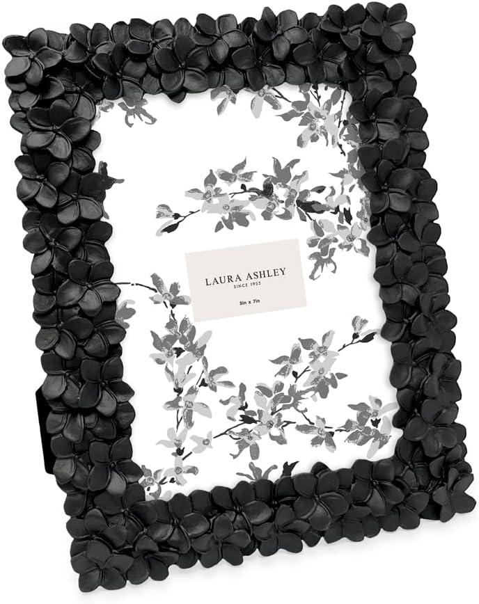 Laura Ashley 5x7 Black Flower Textured Hand-Crafted Resin Picture Frame w/Easel & Hook for Tabletop & Wall Display, Decorative Floral Design Home Décor, Photo Gallery, Art (5x7, Black)