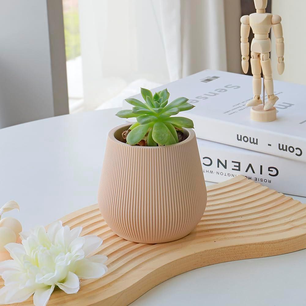 Koyal Wholesale 4" Desert Tan Ribbed Short Vases for Flowers, Fluted Flower Vase, Small Boho Vase, Mid Century Modern