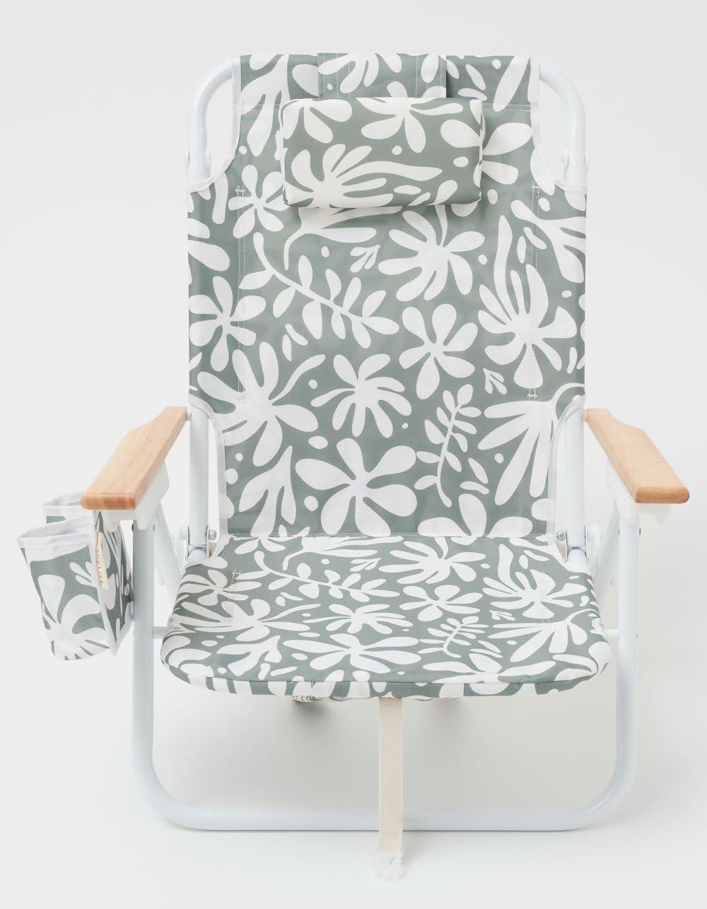 Sunnylife Reclining Beach Chair - The Vacay Olive. Converts from Backpack to Folding seat, with 5 Reclining Positions, Insulated Cooler Pocket and Adjustable Straps for Easy Carrying