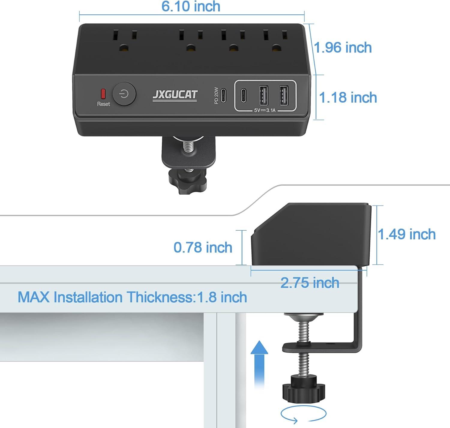 Black Desk Clamp Power Strip with USB C and 10 ft Cord