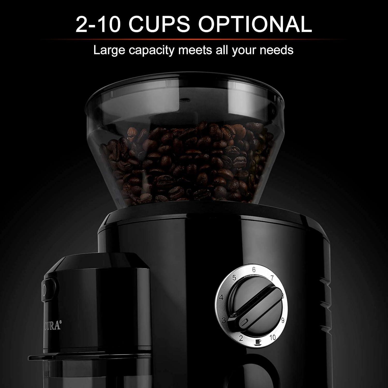 Secura Conical Burr Coffee Grinder, Electric Coffee Grinder with 18 Grind Settings, Adjustable Burr Mill Coffee Bean Grinder for 2-10 Cups
