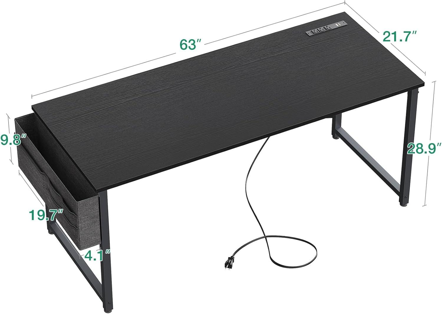 Black Rectangular Computer Desk with Power Outlet and USB Ports