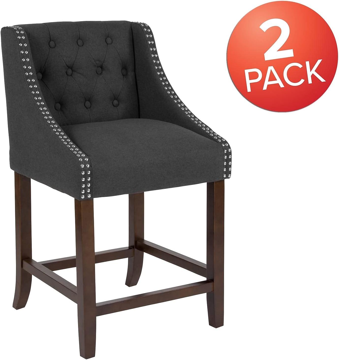 Transitional Charcoal Fabric Tufted Walnut Wood Counter Stool, Set of 2