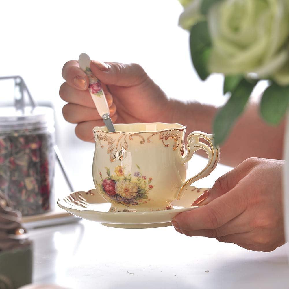 ShengRui Tea Cup and Saucer Set, 8 oz Tea Cup Set, Teacup, Ceramic Tea Cup with Suacer Spoon, Ivory Vintage Rose Floral with Gold Leaves Trim, Gifts for Women