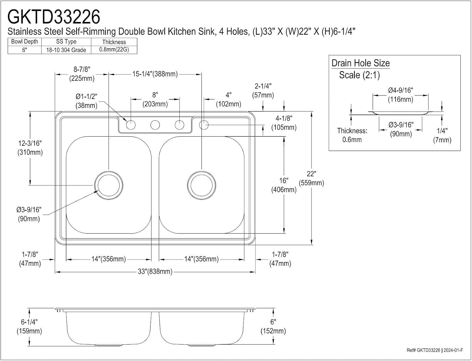 Brushed Stainless Steel Double Bowl Drop-In Kitchen Sink