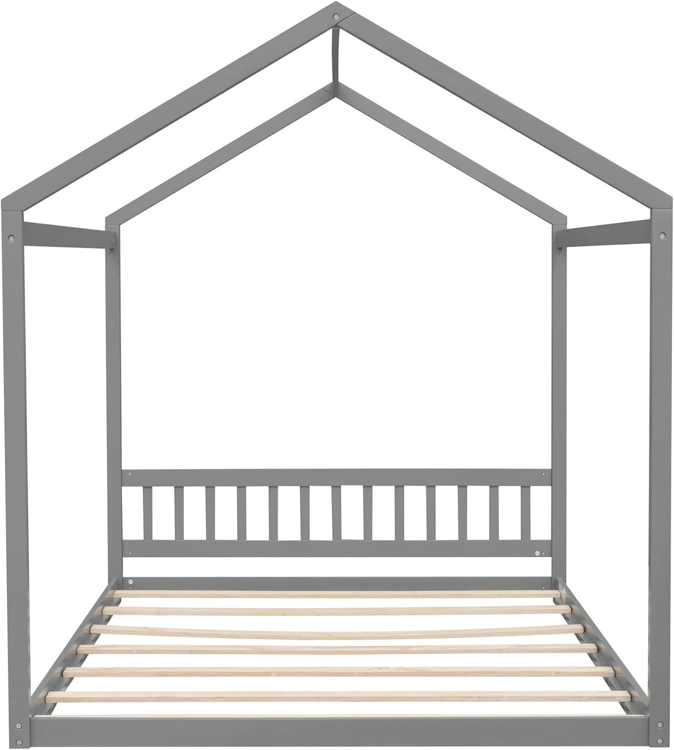 Queen House Bed with Roof Wood Montessori Floor Beds for Kids Wood House Floor Bed Frame for Girls Boys Teens Adults, No Spring Box Needed, Gray