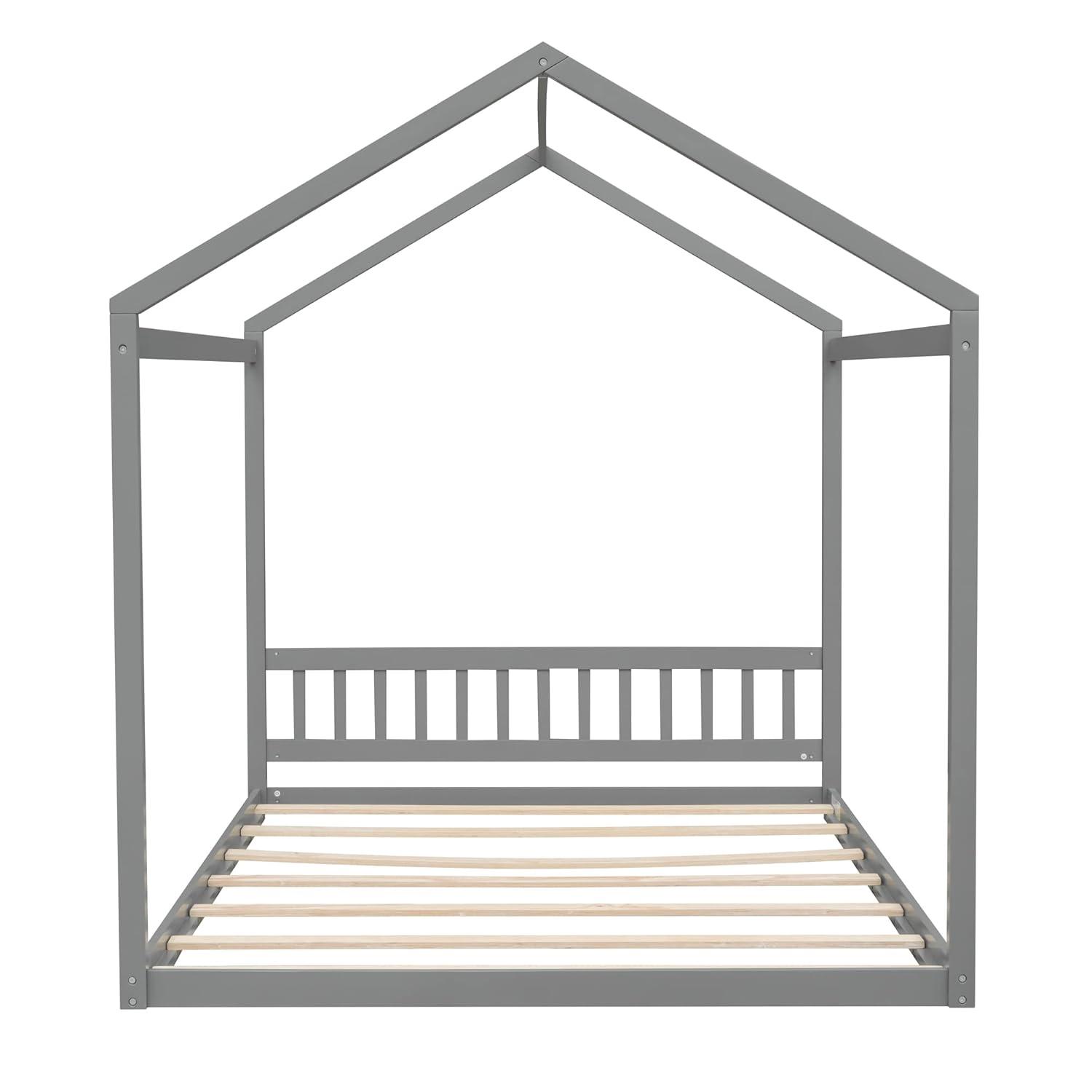 Queen House Bed with Roof Wood Montessori Floor Beds for Kids Wood House Floor Bed Frame for Girls Boys Teens Adults, No Spring Box Needed, Gray