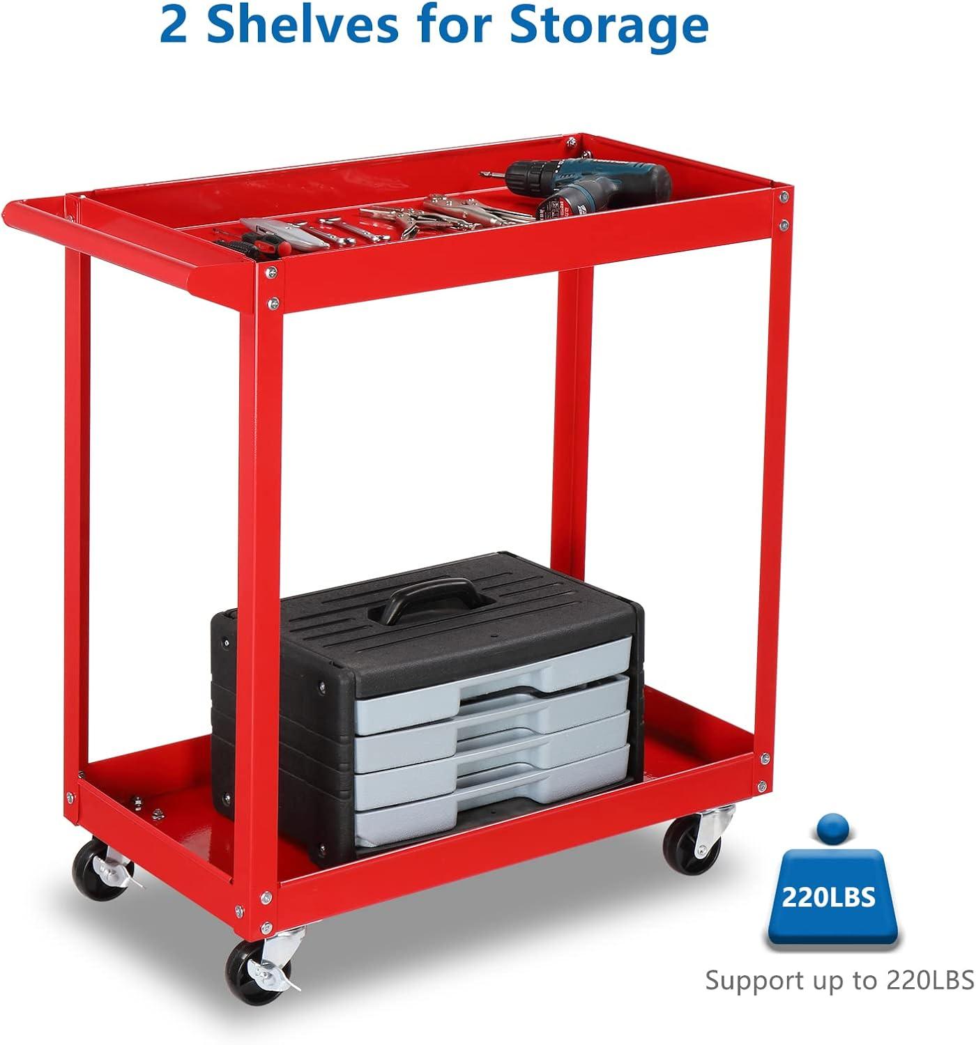 2 Tier Rolling Tool Cart, 220 LBS Capacity Industrial Service Cart w/Wheels, 2 Shelf Steel Utility Cart, Tool Storage Organizer for Mechanic, Garage, Workshop, Warehouse & Repair Shop, Red