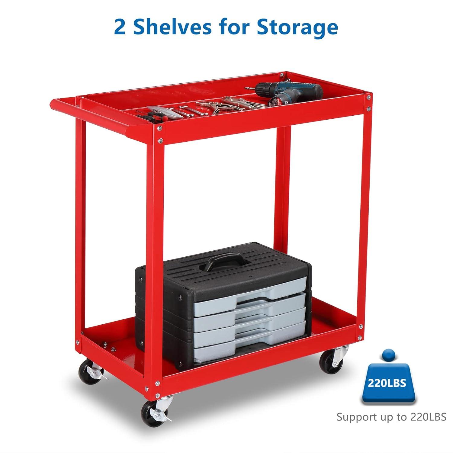 2 Tier Rolling Tool Cart, 220 LBS Capacity Industrial Service Cart w/Wheels, 2 Shelf Steel Utility Cart, Tool Storage Organizer for Mechanic, Garage, Workshop, Warehouse & Repair Shop, Red