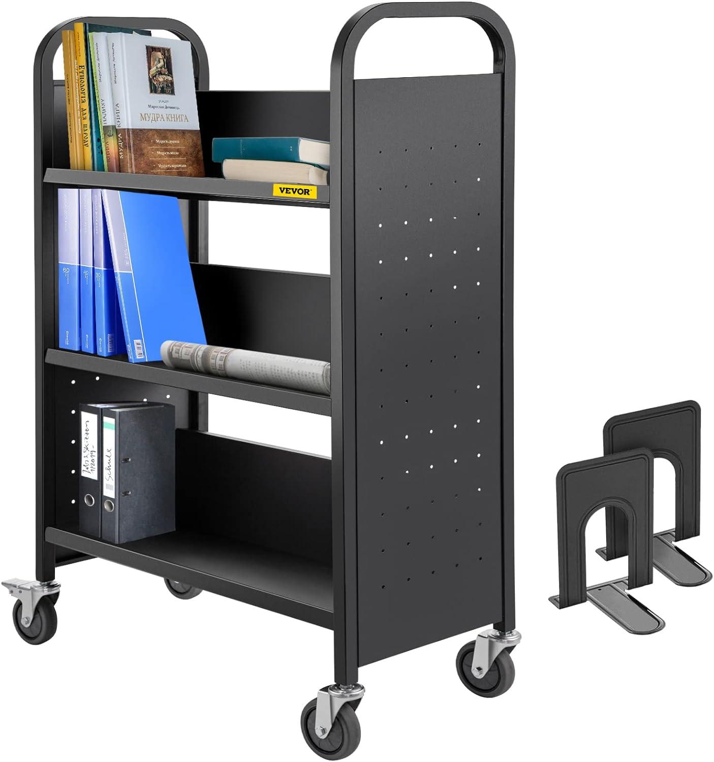 VEVOR Book Cart, 200lbs Library Cart, 30x14x49 Inch Rolling Book Cart Single Sided V-Shaped Sloped Shelves with 4 Inch Lockable Wheels, for Home Shelves Office and School Book Truck in Black
