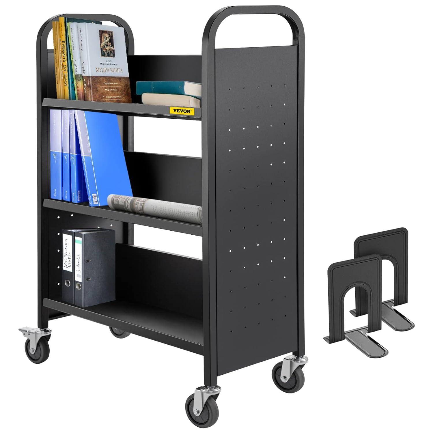 VEVOR Book Cart, 200lbs Library Cart, 30x14x49 Inch Rolling Book Cart Single Sided V-Shaped Sloped Shelves with 4 Inch Lockable Wheels, for Home Shelves Office and School Book Truck in Black