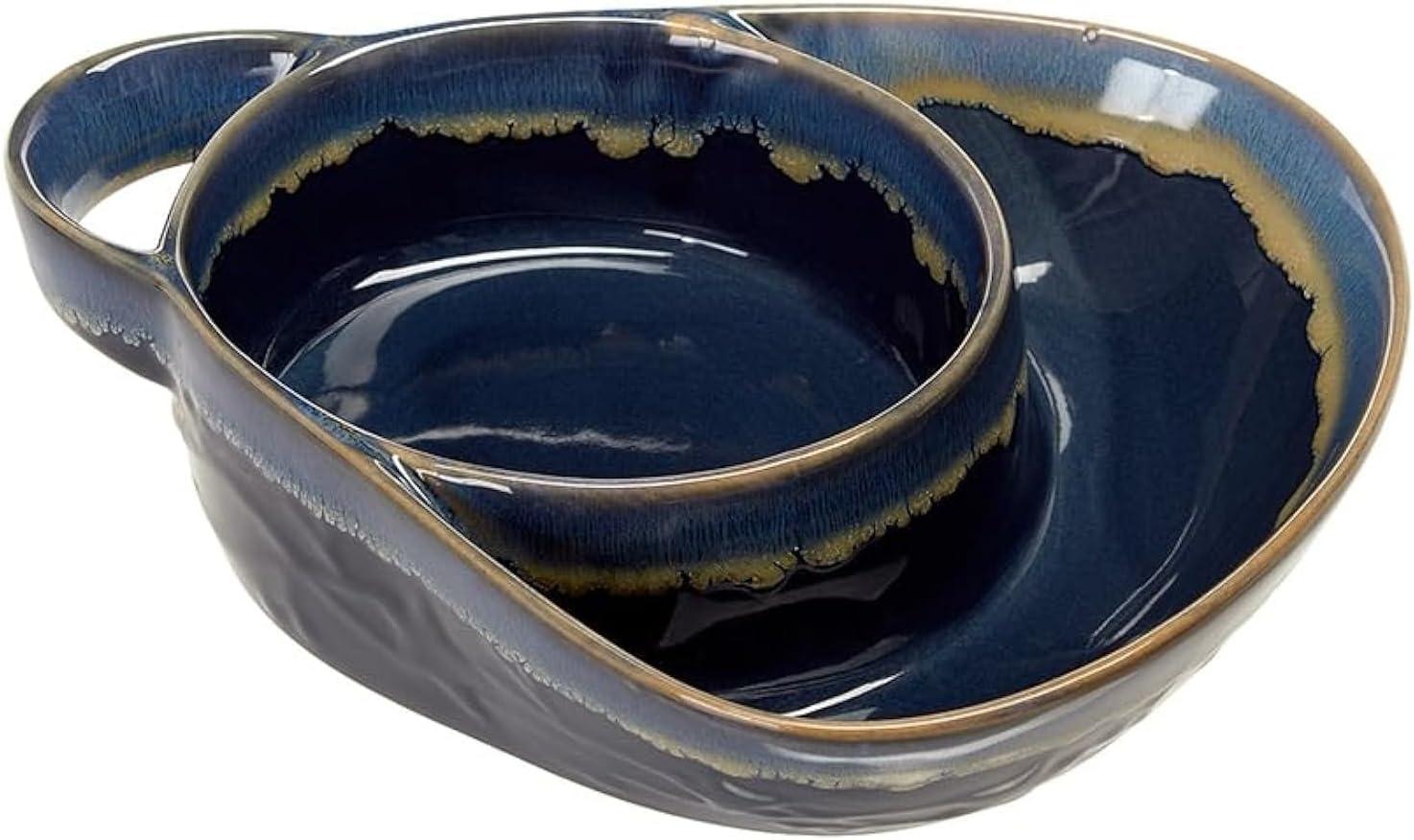 Navy Ceramic Dual Compartment Soup and Side Bowls Set