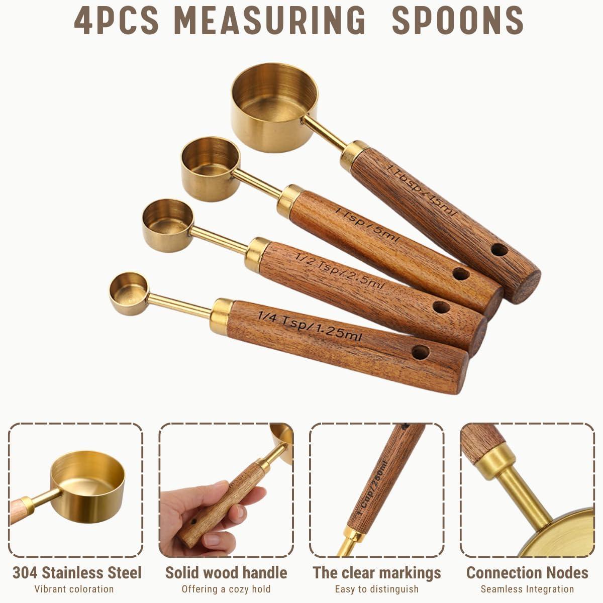 ODOMY 8Pcs Measure Cup and Spoon Set Gold Measuring Cup Spoon Set with Wooden Handle Stainless Steel Stackable Kitchen and Baking Measurement Kitchen Accessories for Home Kitchen Party