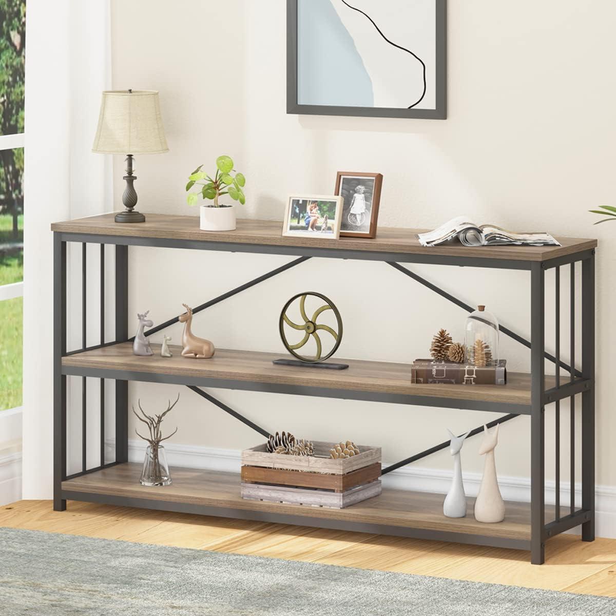 Rustic Oak 55 Inch Industrial Wood Metal Console Table with Storage