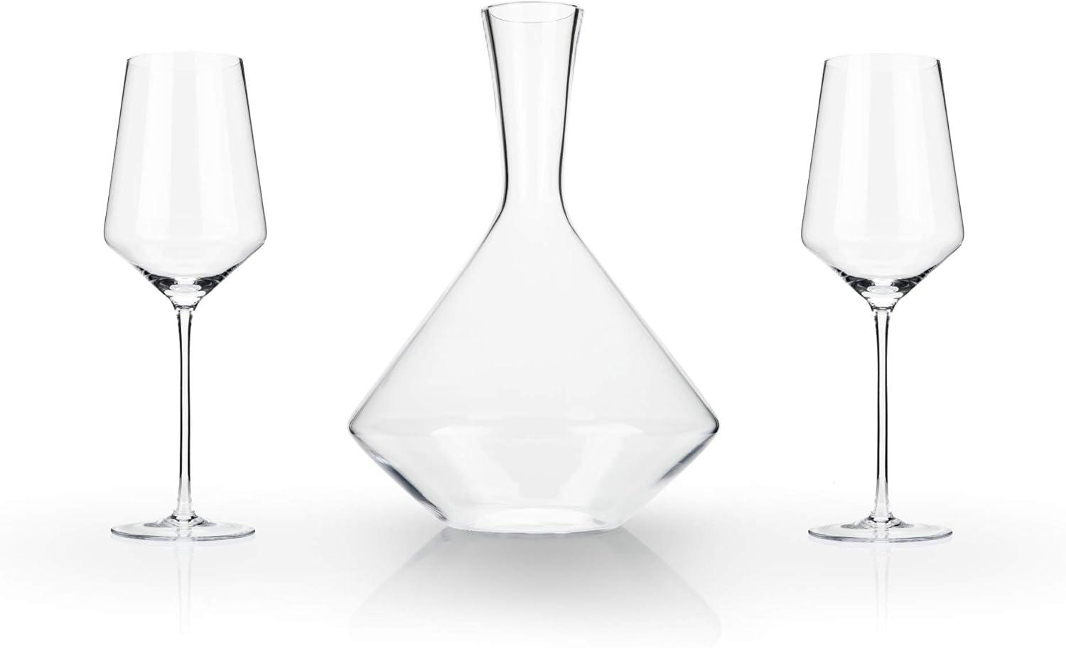 Viski Raye Bordeaux Wine Glasses & Decanter Set - Premium Crystal Clear Glass, Modern, Stemmed, Flat Bottom, Red Wine Gift - Set of 3