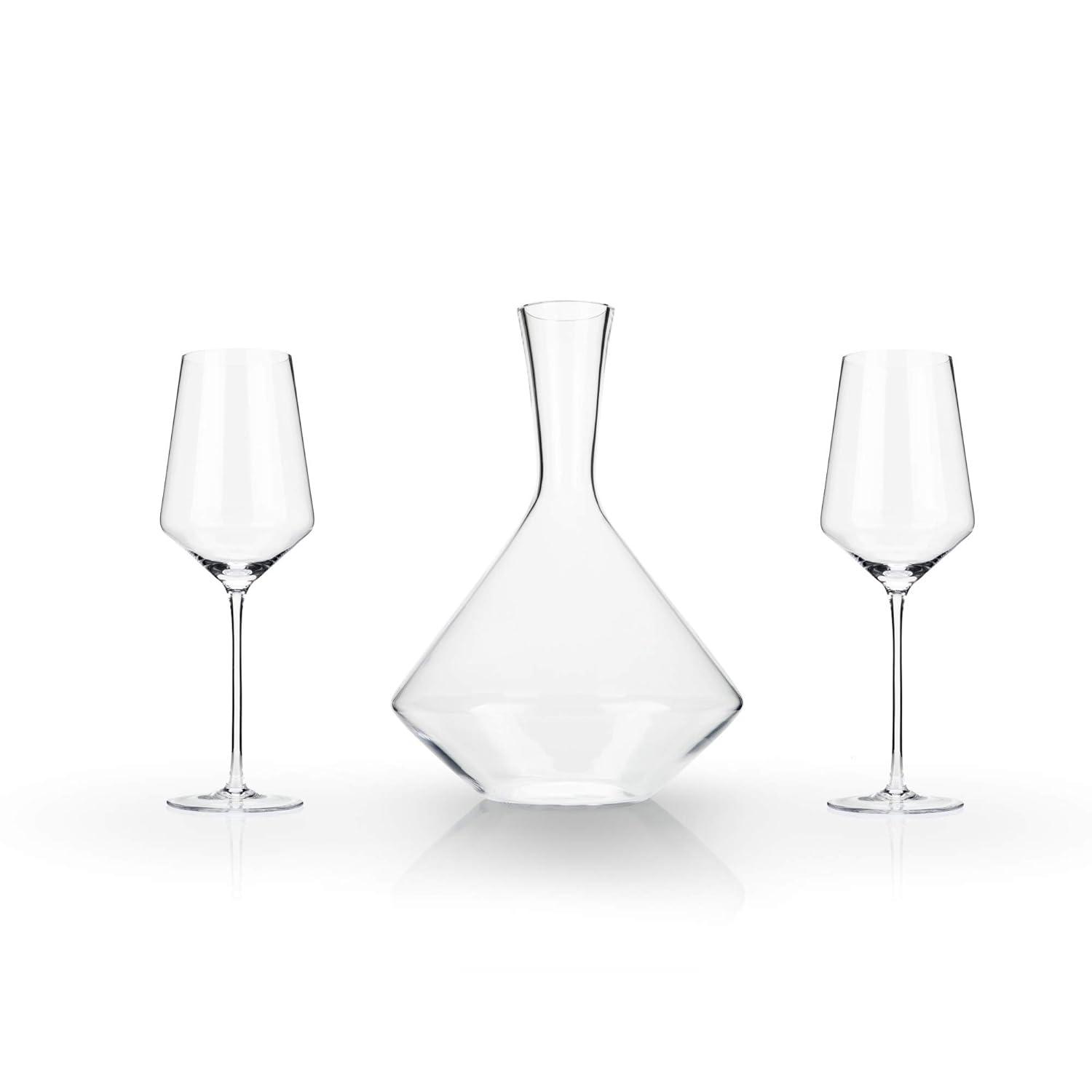 Viski Raye Bordeaux Wine Glasses & Decanter Set - Premium Crystal Clear Glass, Modern, Stemmed, Flat Bottom, Red Wine Gift - Set of 3