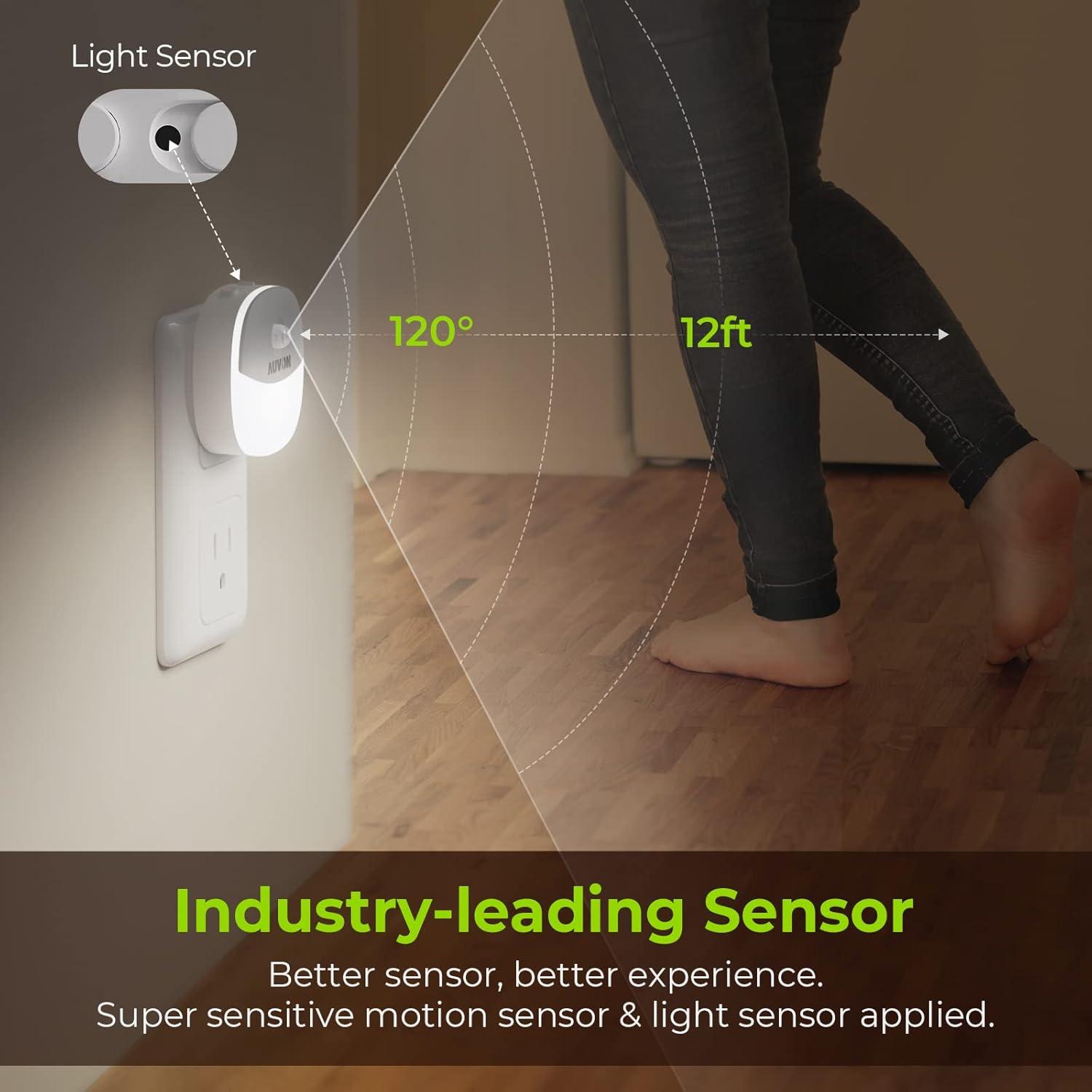 AUVON Plug in Night Light with Motion Sensor and Dusk to Dawn Sensor, Mini Warm White LED Nightlight with 1-50 lm Adjustable Brightness for Bathroom, Hallway, Stairs, Bedroom, Kitchen (4 Pack)