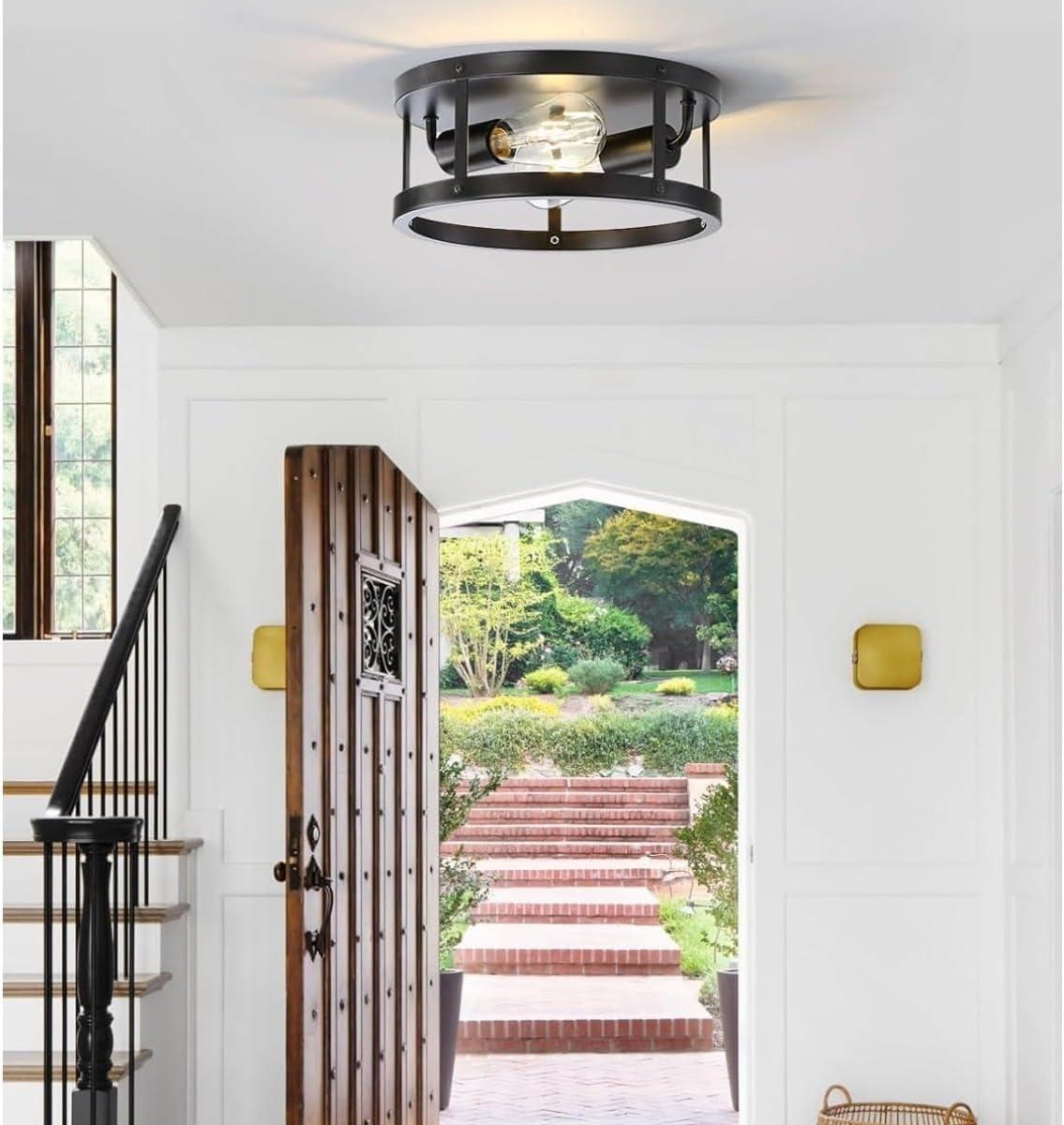 2-Light Industrial Flush Mount Ceiling Light Fixture,Black Farmhouse Ceiling Light Fixture,Modern Flush Mount Light Fixture for Kitchen Bedroom Living Room Hallway 2 Pack