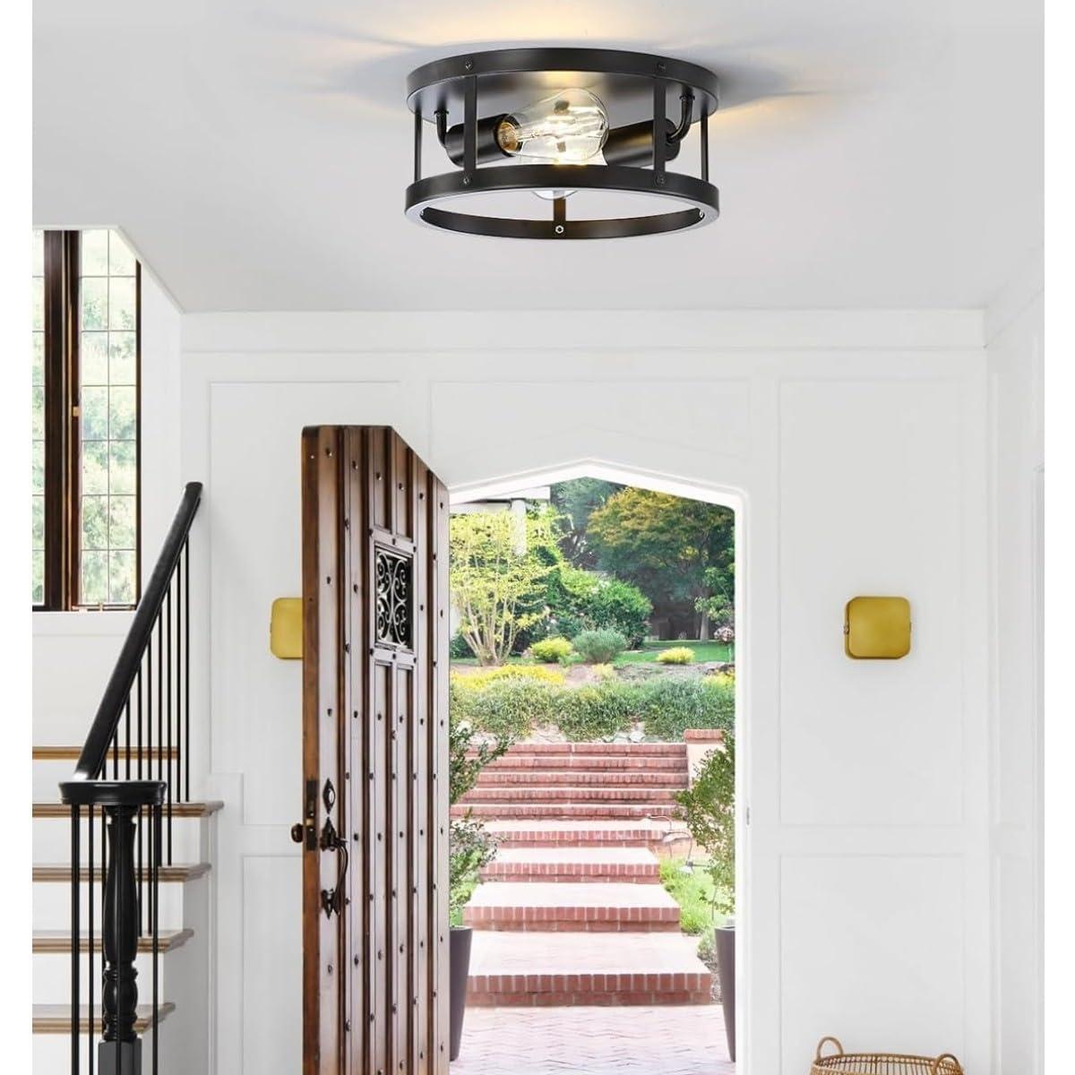 2 Pack Black Farmhouse Flush Mount Ceiling Light,2-Light Rustic Hallway Lighting Fixtures,Industrial Light Fixtures Ceiling Mount for Kitchen Hall Entry Bedroom Closet