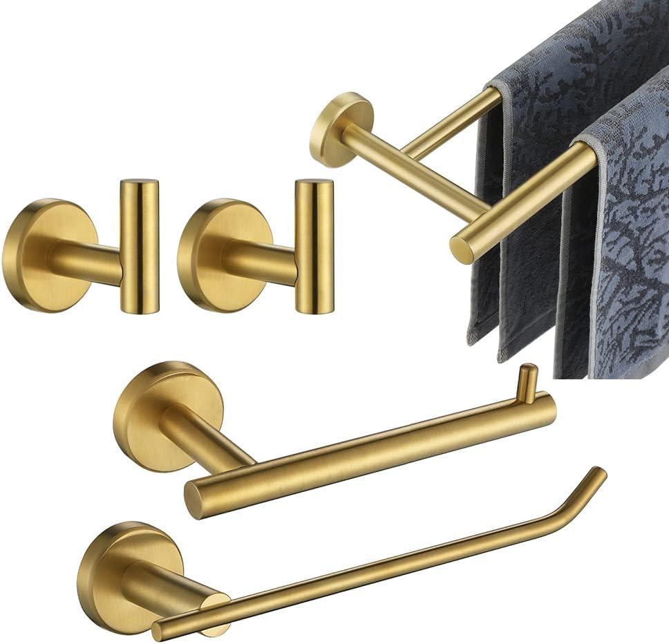 Bathroom Hardware Set Gold, 5-Piece Bath Accessories Set Brushed Gold Wall Mount includes 24 in Towel Bar, 7 in Towel Ring, Toilet Paper Holder, 2 Towel Hooks, BAS165-BG