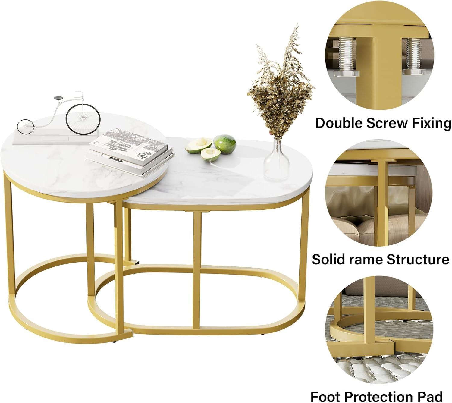 Modern Round White Marble and Gold Nesting Coffee Table Set