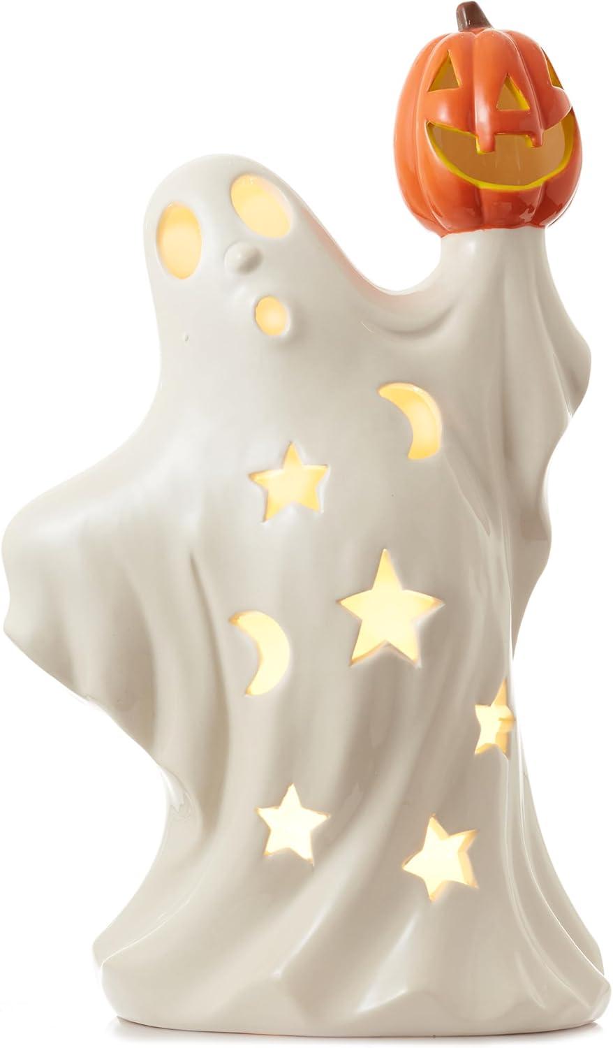 Pre-Lit Ceramic Halloween Ghost Holding Pumpkin Hand-Painted Decor