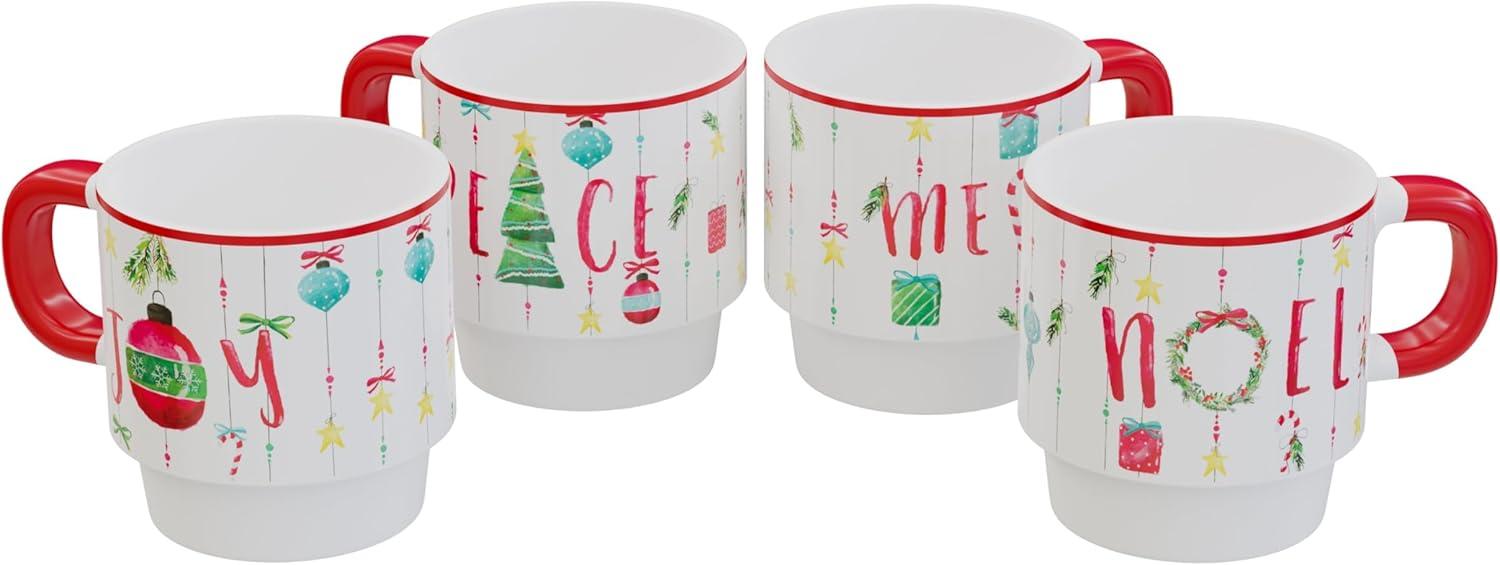 American Atelier 14 Oz Mug Set with Rack (Set of 4) - Stackable Ceramic Mugs, Holiday-Themed Coffee Cup Set for Coffee, Tea, Hot Chocolate - Microwave & Dishwasher Safe, Mug Set for Coffee Lovers