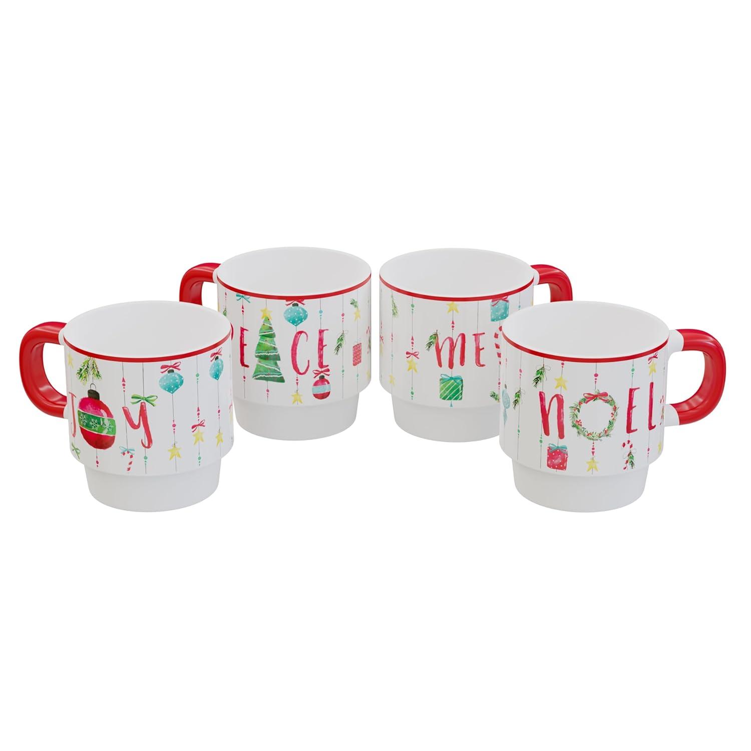 American Atelier 14 Oz Mug Set with Rack (Set of 4) - Stackable Ceramic Mugs, Holiday-Themed Coffee Cup Set for Coffee, Tea, Hot Chocolate - Microwave & Dishwasher Safe, Mug Set for Coffee Lovers