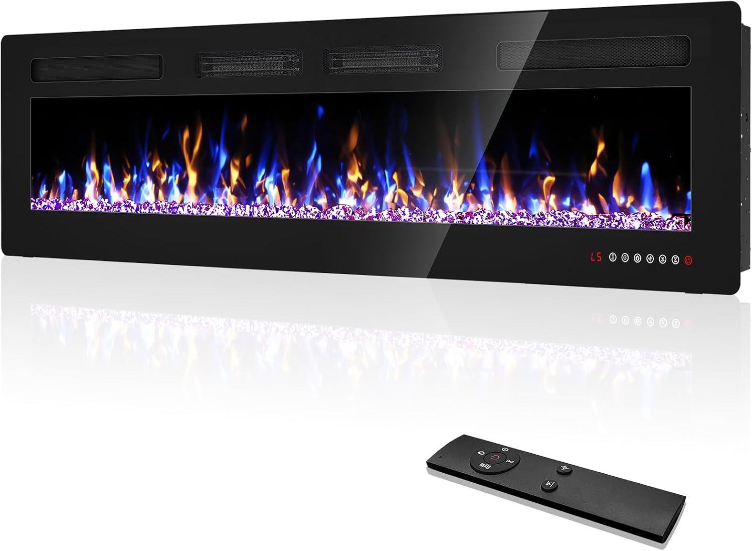 72'' Black Polished Electric Wall-Mounted Fireplace with Remote