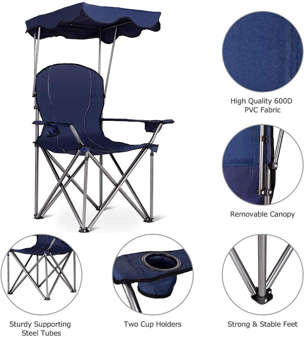 Topcobe Portable Folding Beach Canopy Chair with Cup Holders, Camping Chairs with Canopy, Blue
