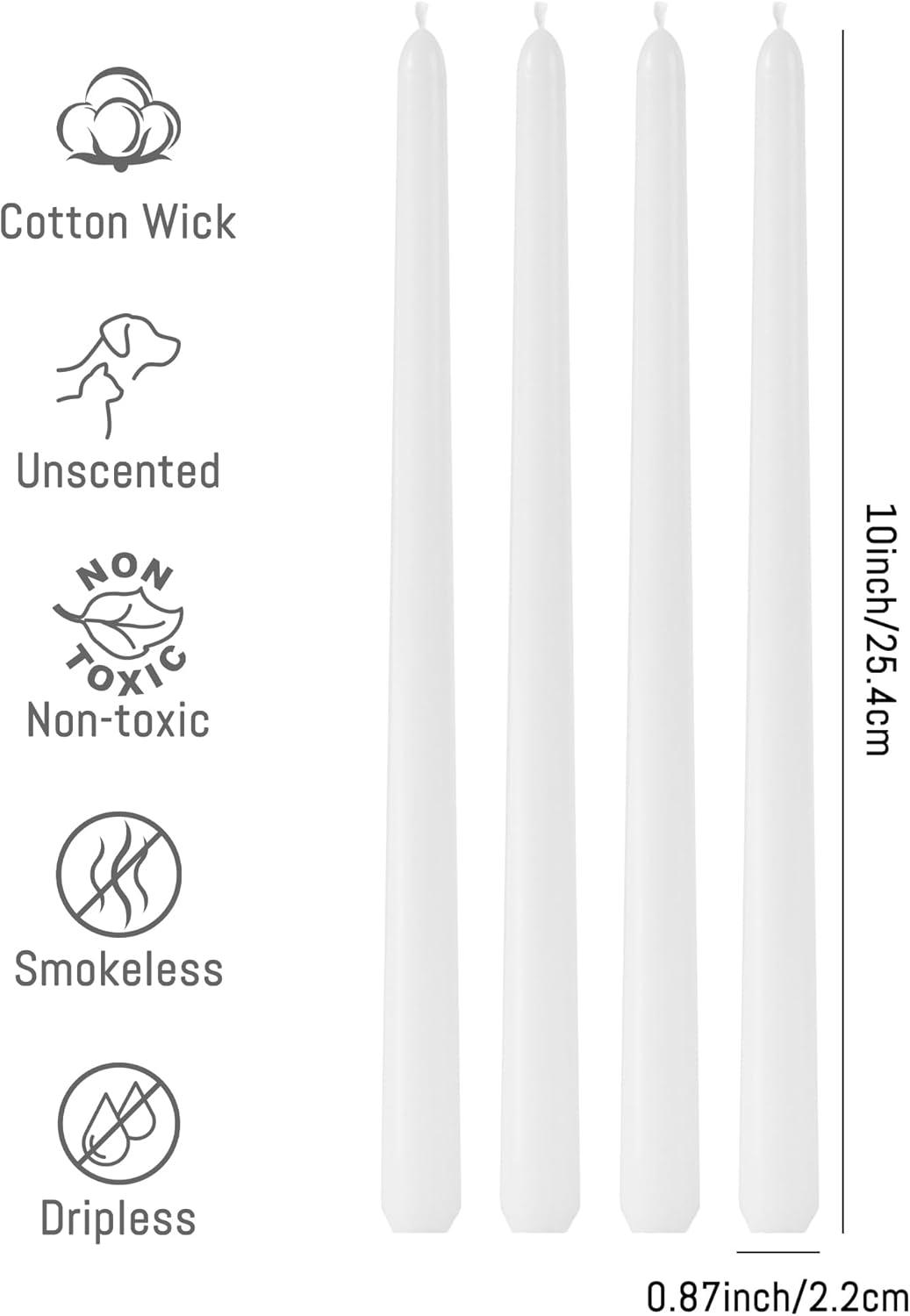 Candwax 10 inch Taper Candles Set of 4 - Dripless Taper Candles and Unscented Candlesticks - Perfect as Dinner Candles and Household Candles - White Candles