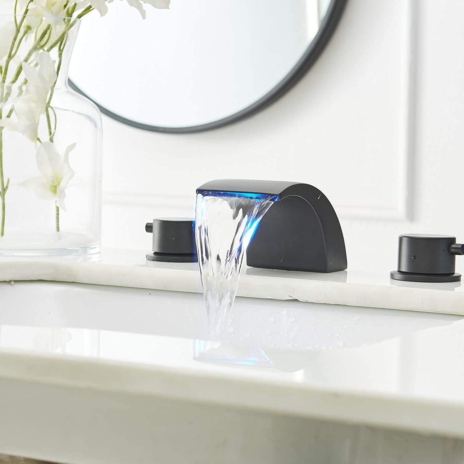 BWE 8 in. Widespread Waterfall Double Handle Three Holes Bathroom Faucet With Led Light in Black