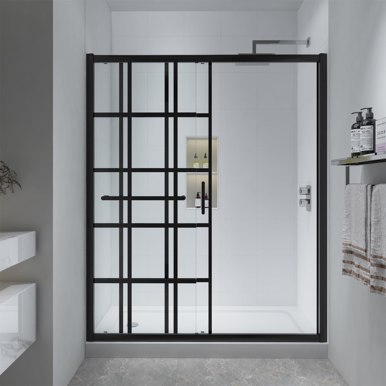 56-60" W x 72" H Framed Grid Pattern Single Sliding Shower Door with 1/4" (6mm) Clear SGCC Tempered Glass in Matte Black Finish, Reversible Installation
