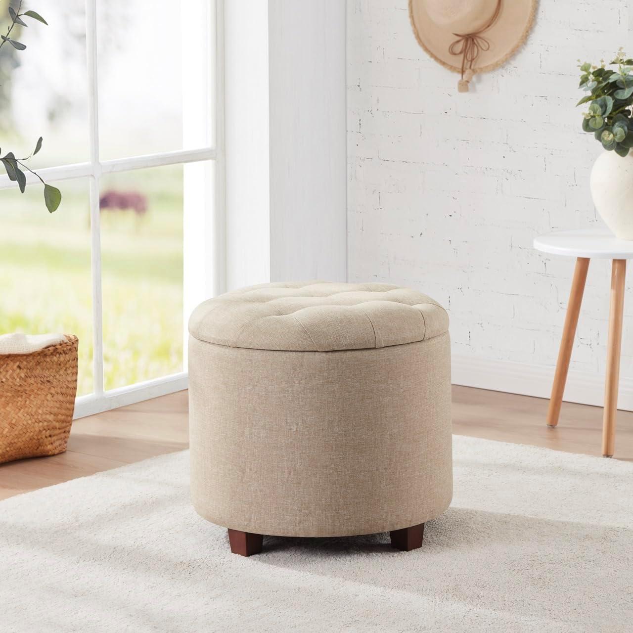 Ornavo Home Decor Round Ottoman with Storage, Round Vanity Chair Stool Ottoman Pouf with Storage for Living Room and Bedroom, Linen Beige