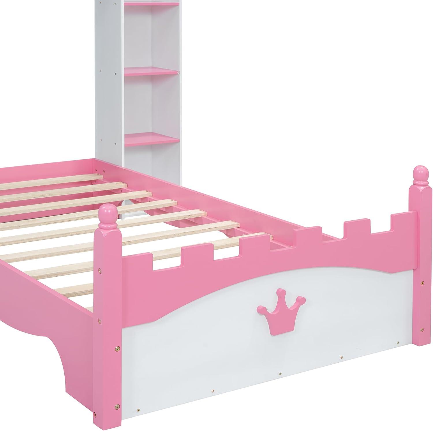 SOFTSEA Twin Size Platform Bed with Storage Shelves, Castle Shaped Bed for Kids, Twin Size Princess Bed for Girls, Kids Twin Bed Frame, No Box Spring Needed, White