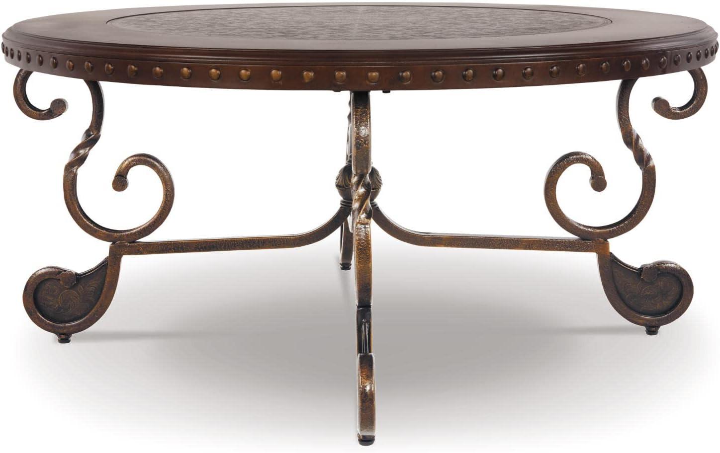 Signature Design by Ashley Rafferty Ornate Round Coffee Tabe with Decorative Metal Detail, Dark Brown