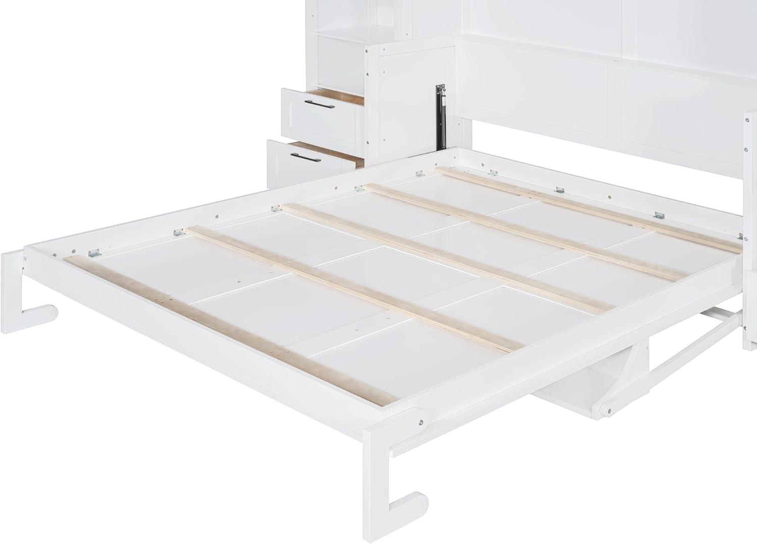 Harper & Bright Designs Queen Size Murphy Bed, Wooden Queen Wall Bed with Closet, Drawers and Shelves, White