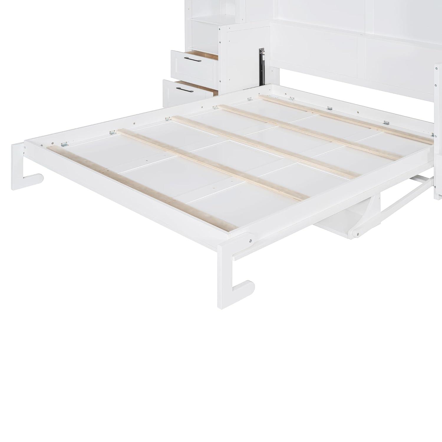 Harper & Bright Designs Queen Size Murphy Bed, Wooden Queen Wall Bed with Closet, Drawers and Shelves, White