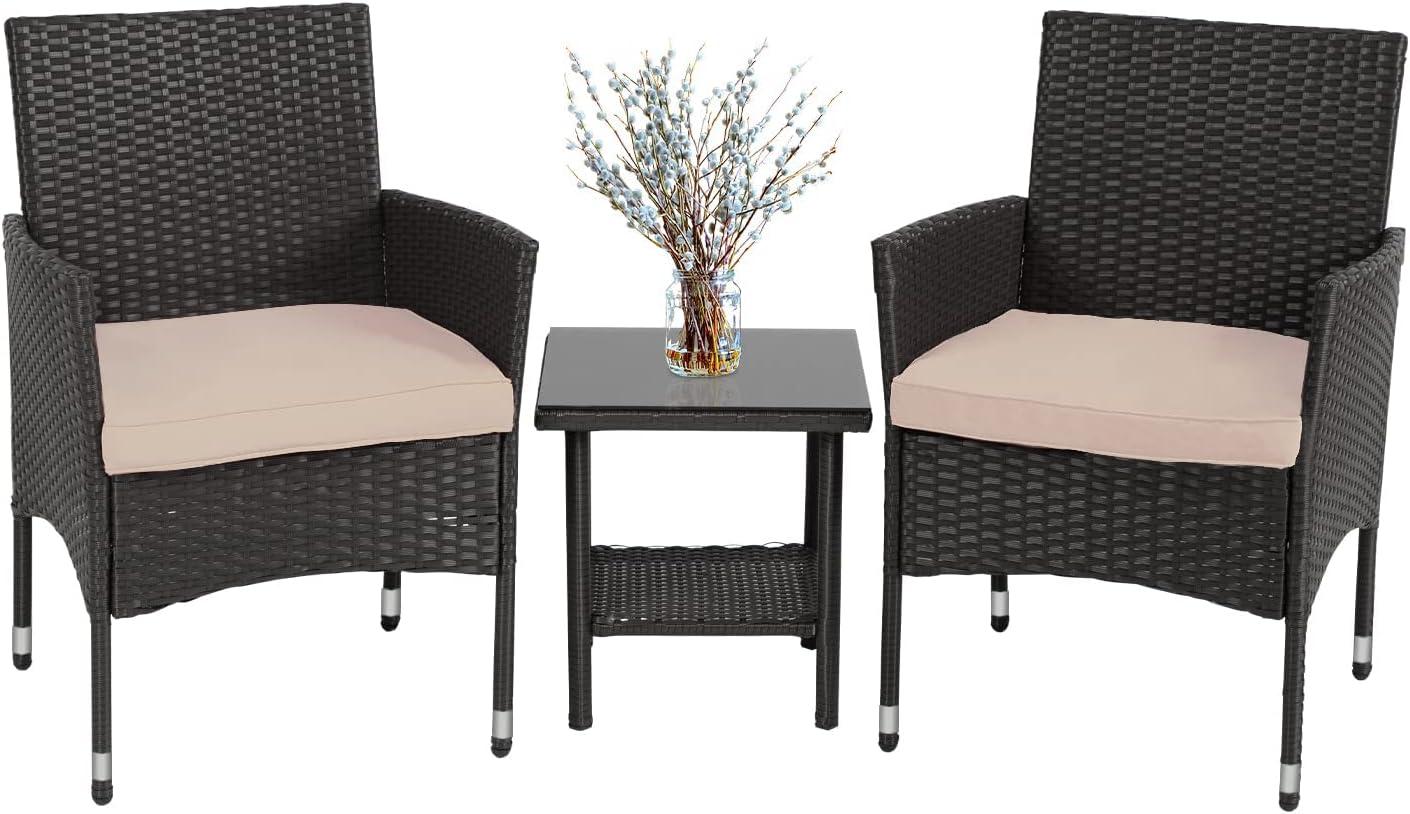 Black and Beige Wicker Rattan Patio Bistro Set with Cushions