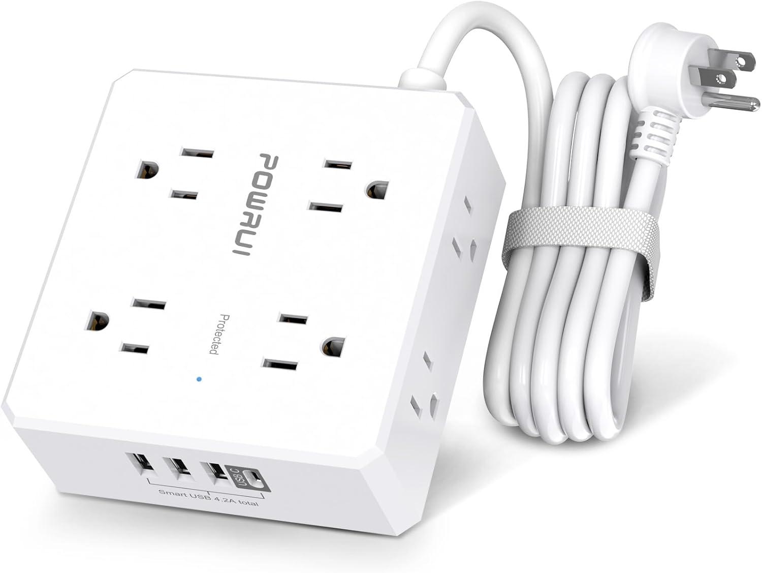 Surge Protector Power Strip - 6 Ft Flat Plug Extension Cord with 8 Widely Outlets and 4 USB Ports(1 USB C), 3 Side Outlet Extender for Home Office, White, ETL Listed