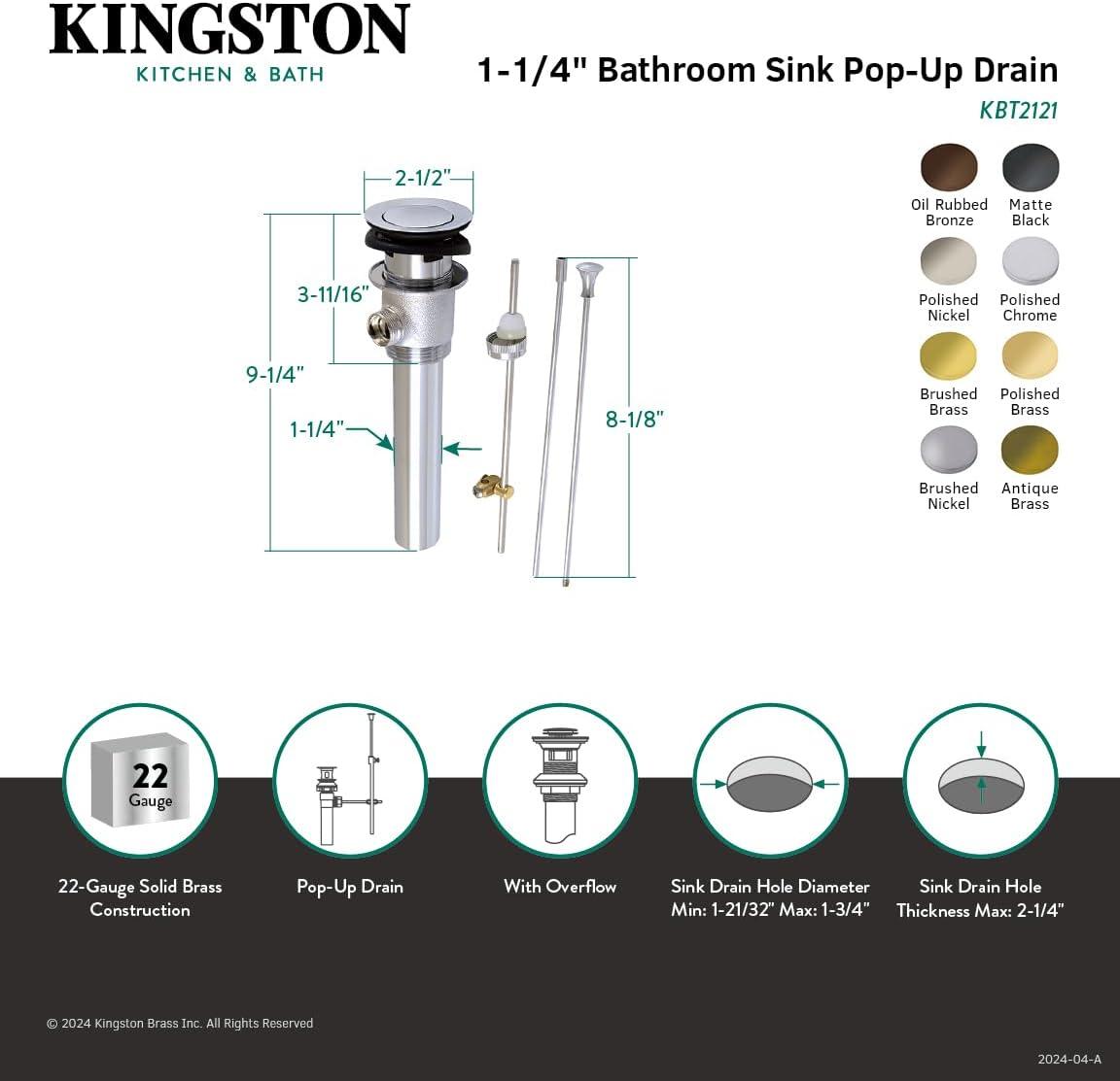 Kingston Brass Made To Match Brass Pop-Up Bathroom Sink Drain with Overflow, 22 Gauge