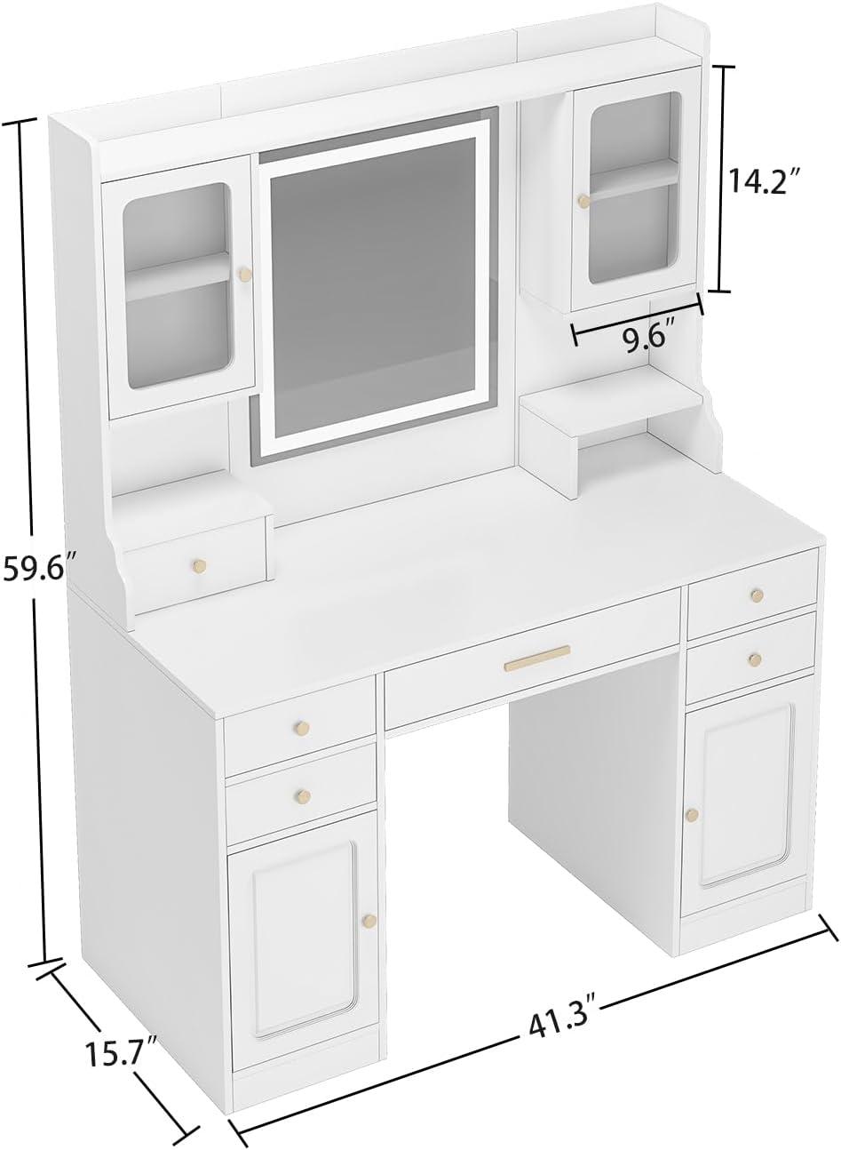 Makeup Vanity Desk with Mirror and Lights, Large Vanity Table Set with 6 Drawers & 2 Storage Cabinet & Shelves with Doors, with Charging Station, 3 Lighting Modes Brightness Adjustable