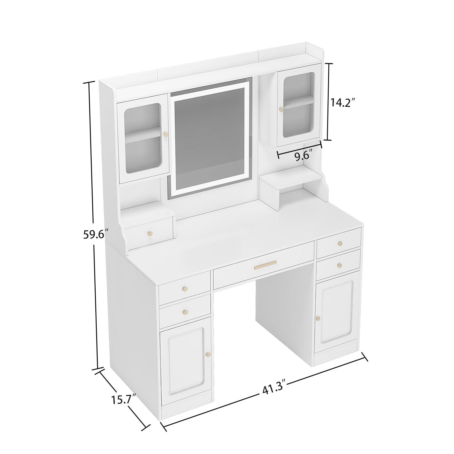 Makeup Vanity Desk with Mirror and Lights, Large Vanity Table Set with 6 Drawers & 2 Storage Cabinet & Shelves with Doors, with Charging Station, 3 Lighting Modes Brightness Adjustable