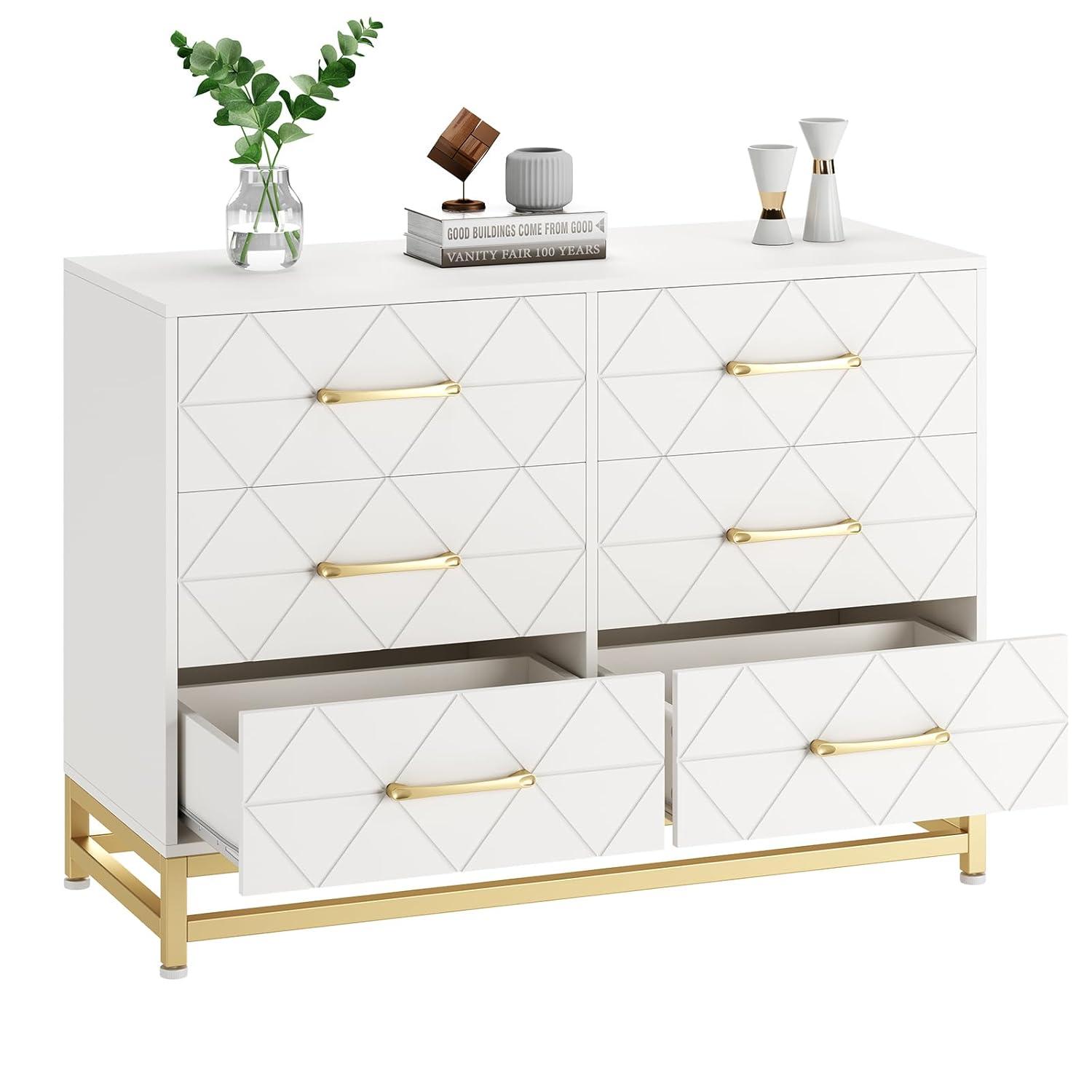 Garvee Dresser for Bedroom with 6 Drawer, Wood Dressers Chest of Drawers with Wide Drawers and Metal Handles for Living Room Hallway Entryway, White