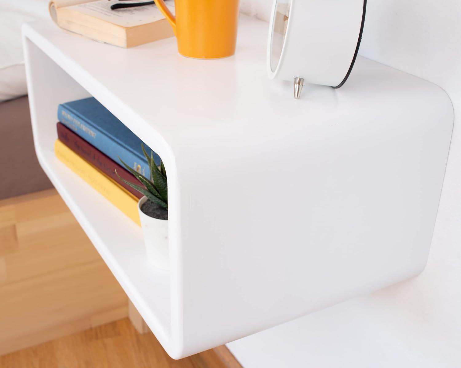 White Spruce Wood Floating Nightstand with Open Shelf
