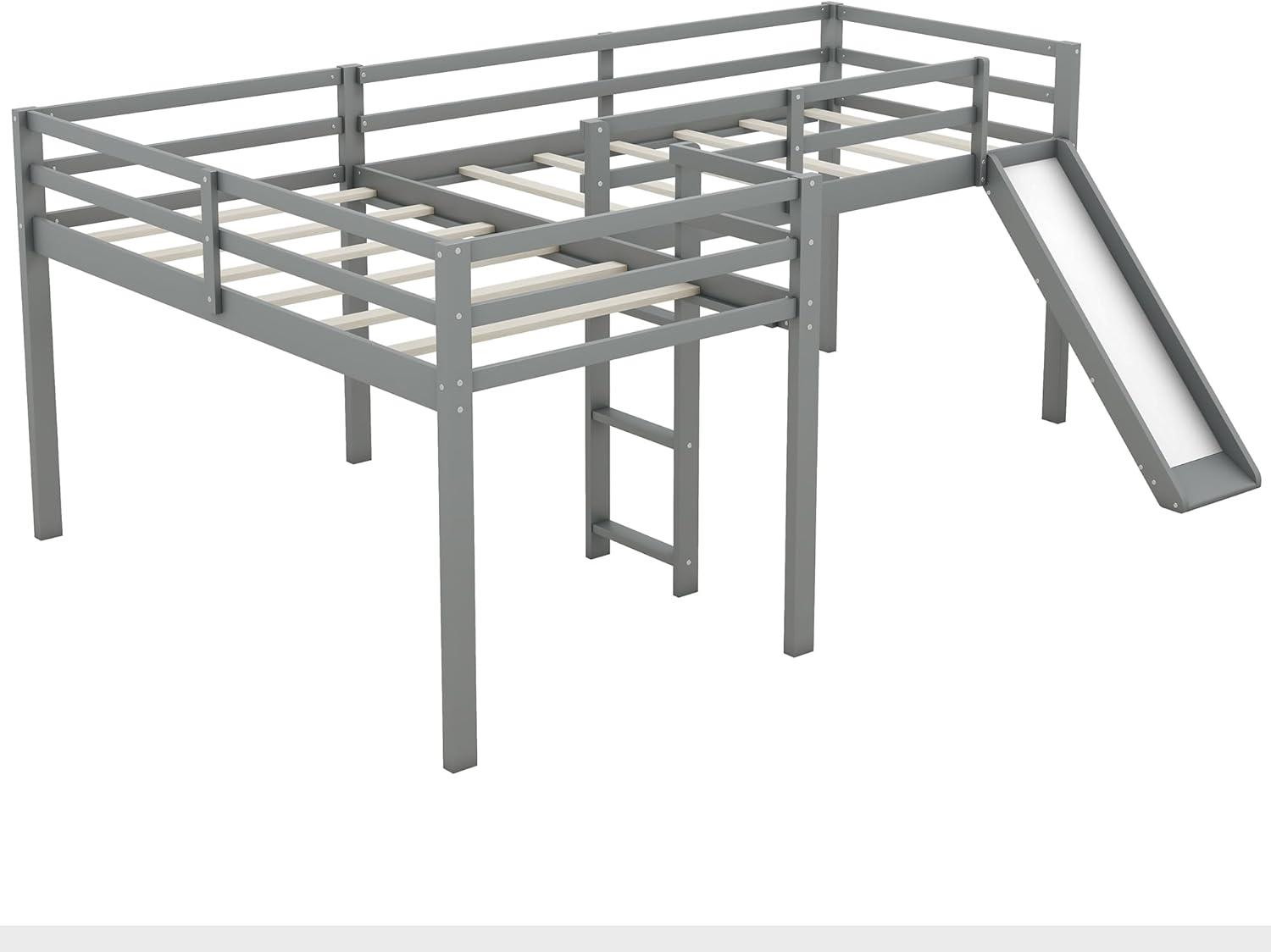 Harper & Bright Designs L-Shaped Loft Bed with Slide, Wooden Low Loft Beds for 2 Kids, Twin Size Low Loft Bed with Built-in Ladders, Gray